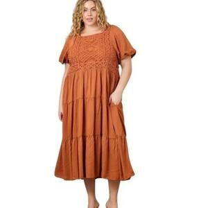 H23 Maxi Dress Crochet Bodice Cognac Women’s Plus Size Casual Boho
